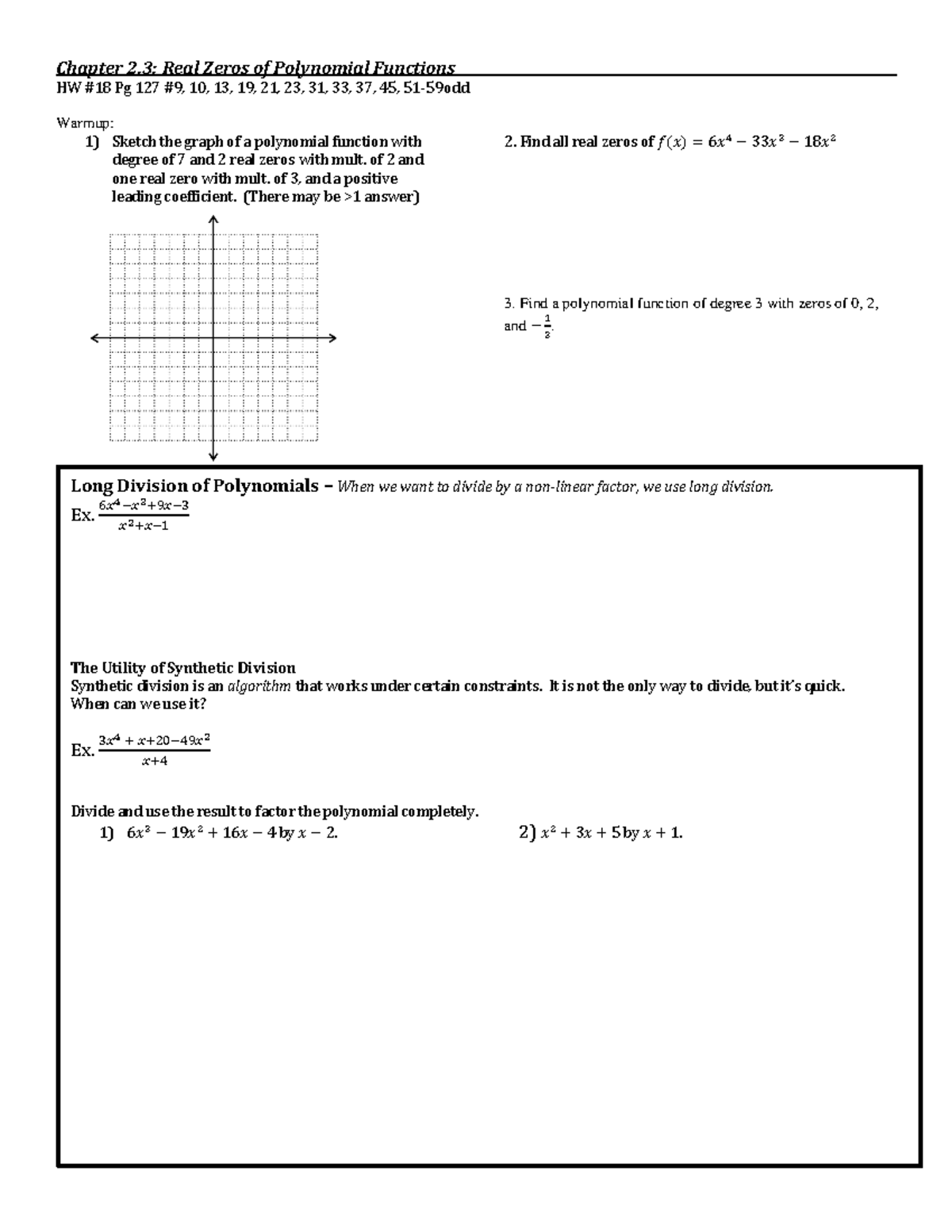 2 - Worksheet to get ready for math - Chapter 2: Real Zeros of ...