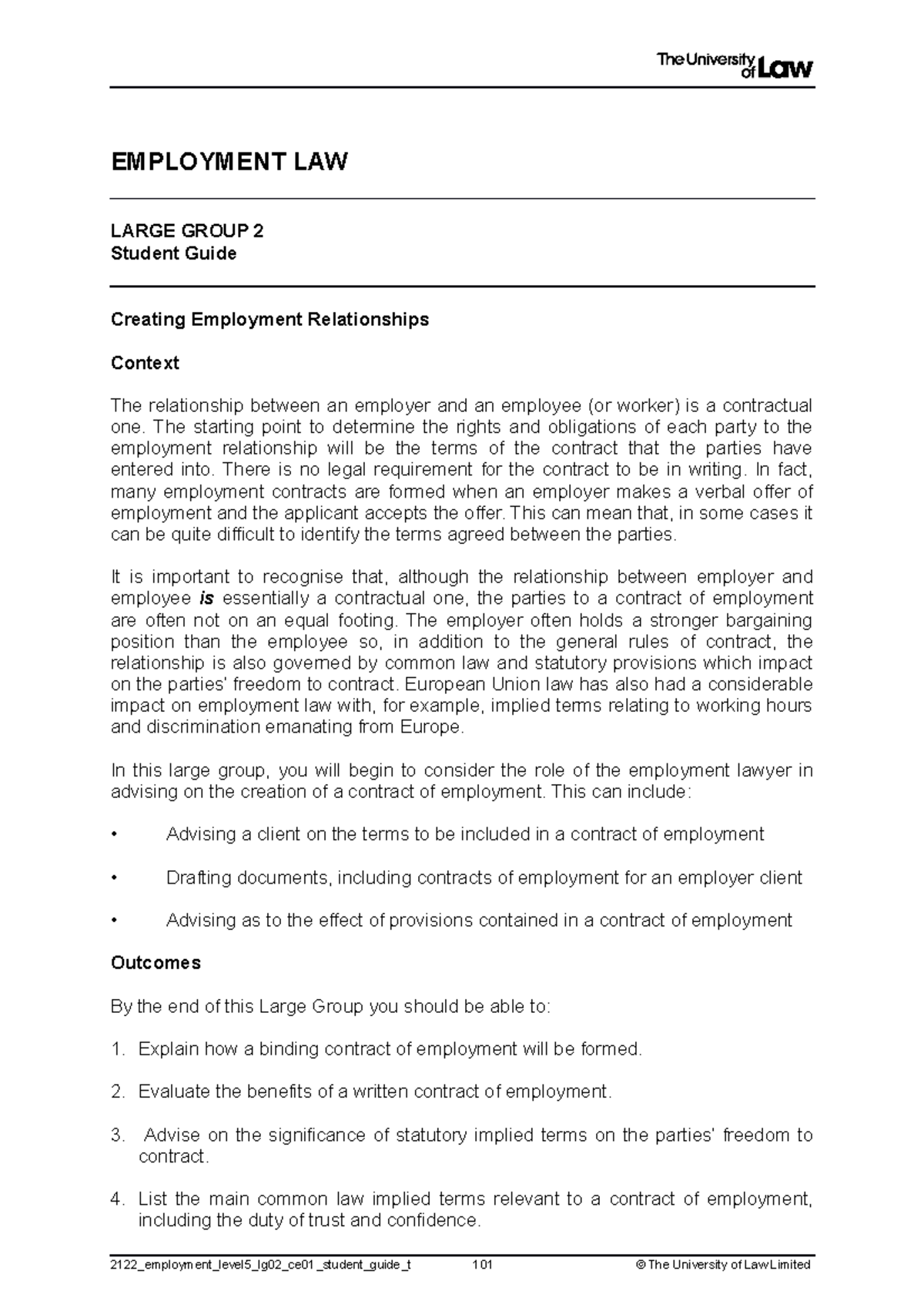 Large group 2 lecture notes - EMPLOYMENT LAW LARGE GROUP 2 Student ...