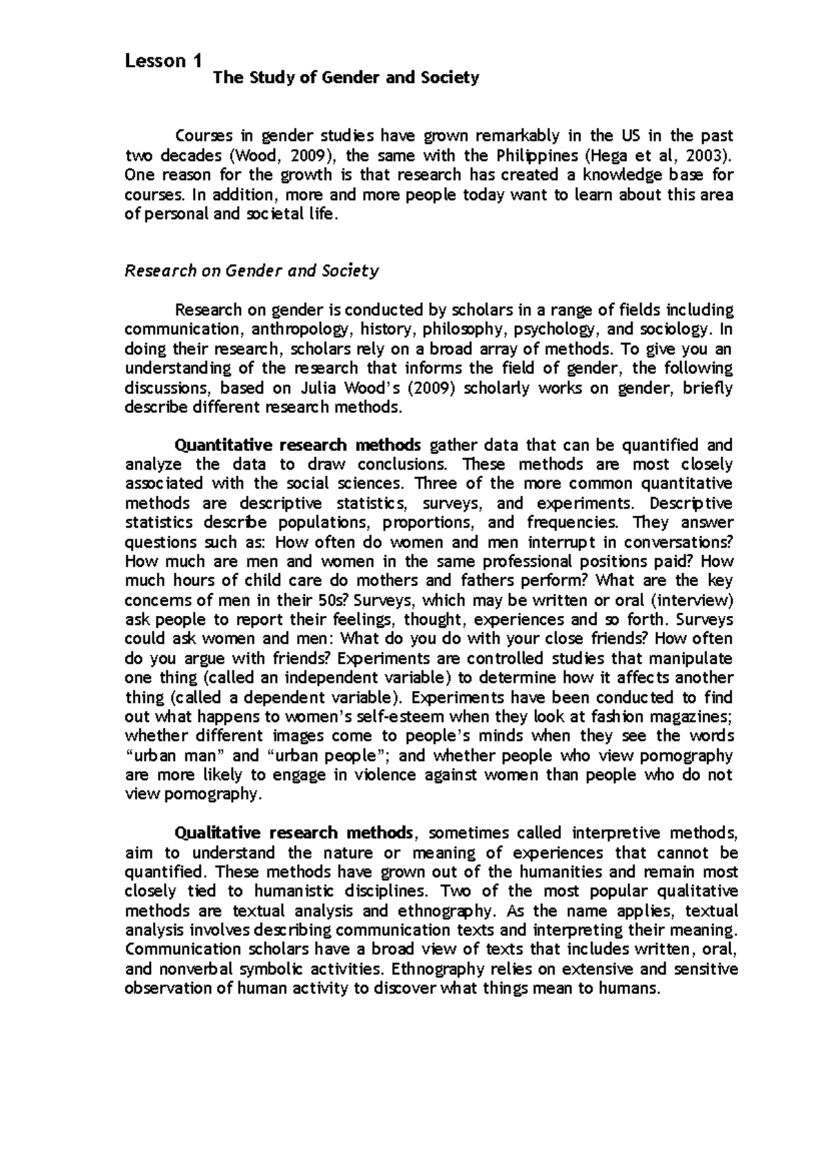 Lesson 1 The Study of Gender and Society Lesson 1 The Study of Gender and Society Courses in
