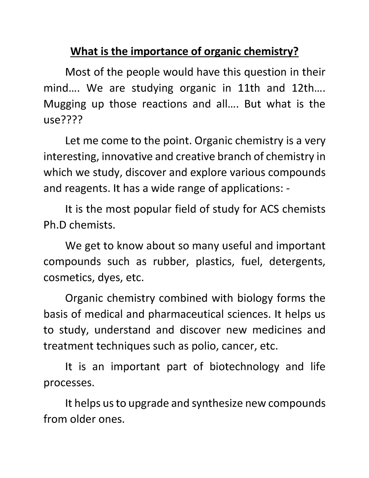 essay on importance of organic chemistry