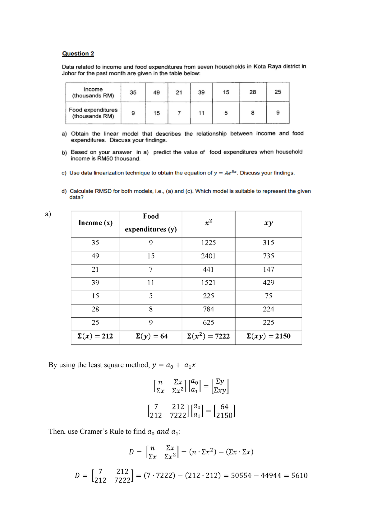 Chapter 2 Question 2 MAT530 - a) By using the least square method, 𝑦 ...