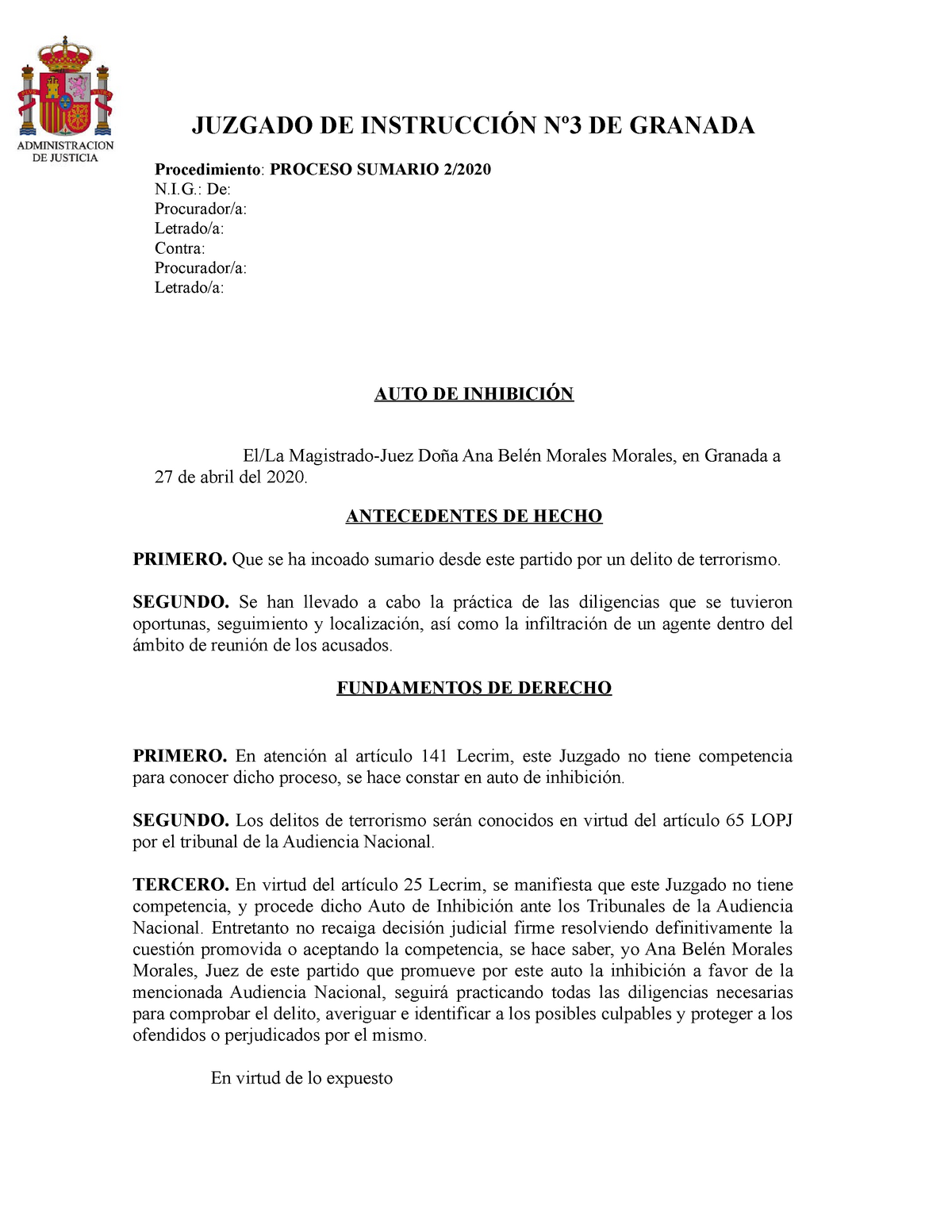 Auto de inhibición - JUZGADO DE INSTRUCCIÓN Nº3 DE GRANADA Procedimiento :  PROCESO SUMARIO 2/ .: - Studocu