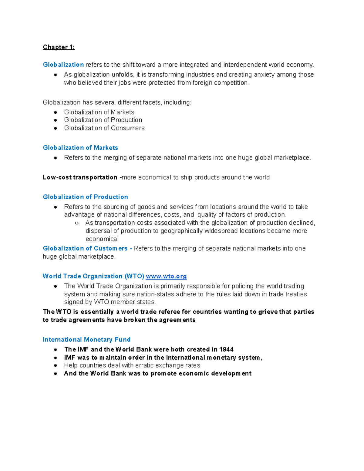 Notes chapters - All lectures. - Chapter 1: Globalization refers to the ...