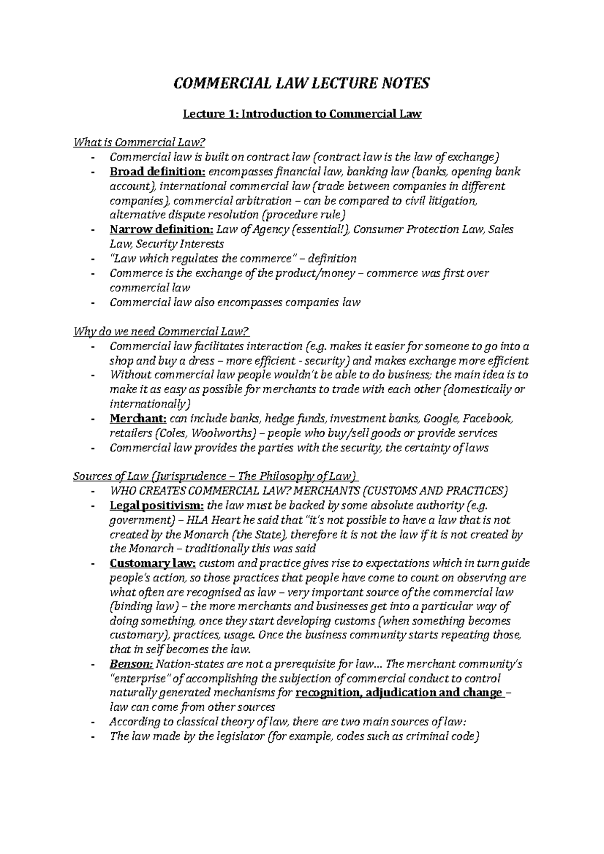 Commercial Law Lecture Notes - COMMERCIAL LAW LECTURE NOTES Lecture 1 ...