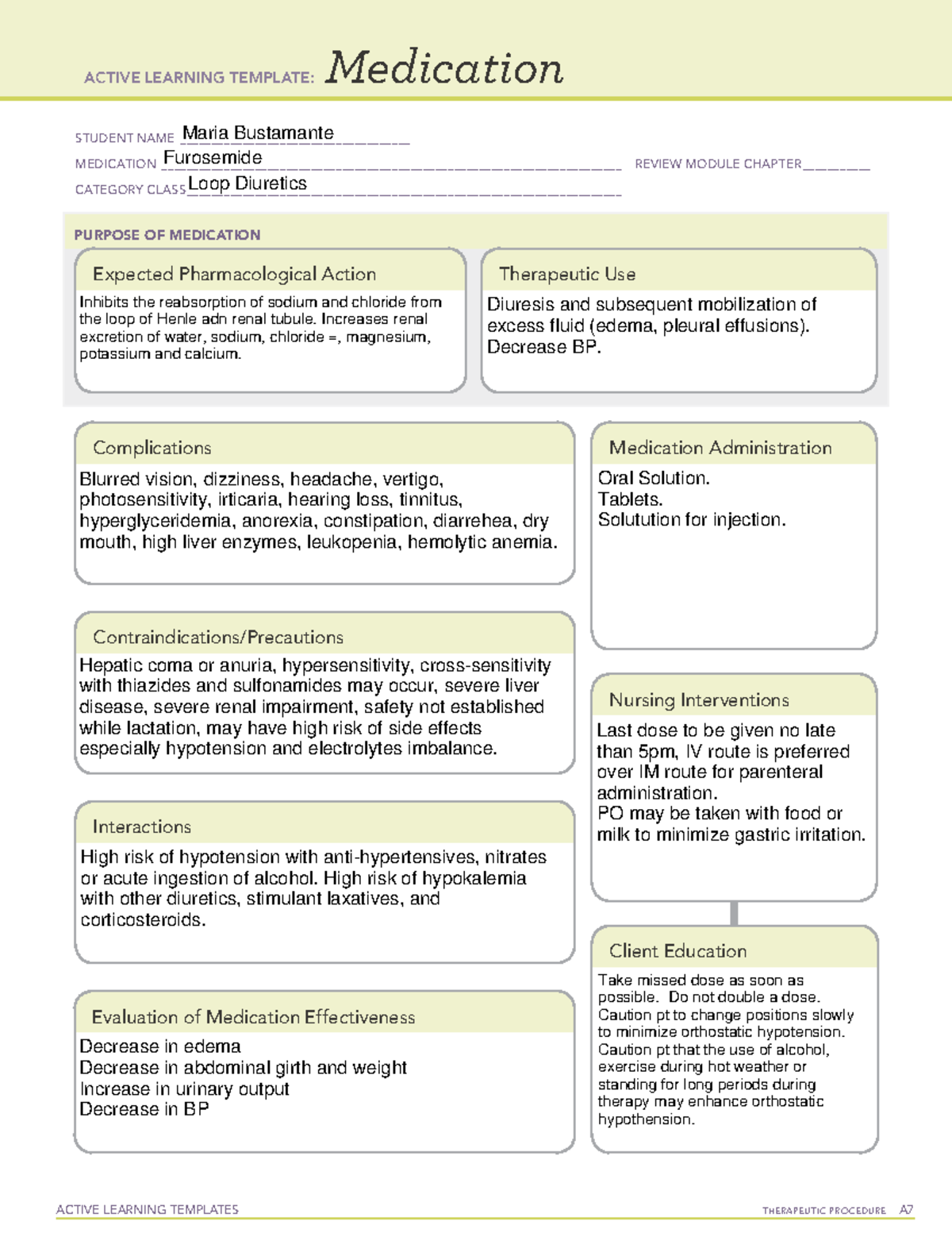 Medication Tamplates Furosemide - Active Learning Templates Therapeutic 