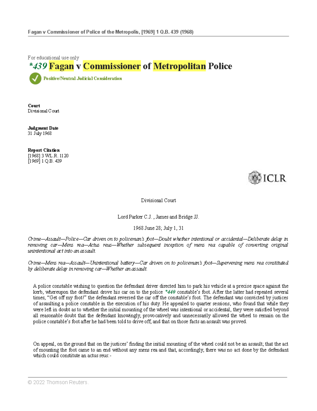 Fagan v Commissioner of Police of the Metropolis For educational use only *439 Fagan v Studocu