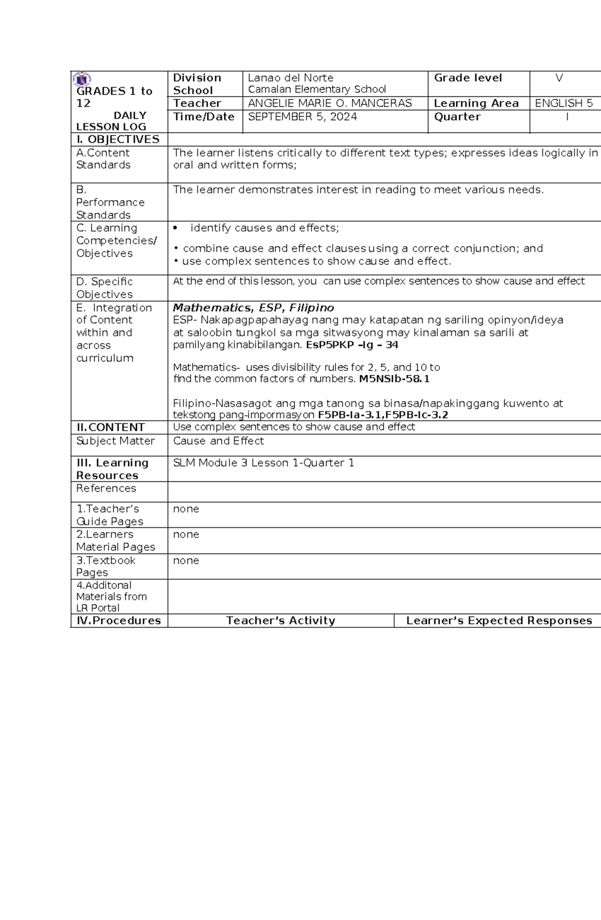 LP COT-2024- English 5- September 2024 - GRADES 1 to 12 DAILY LESSON ...