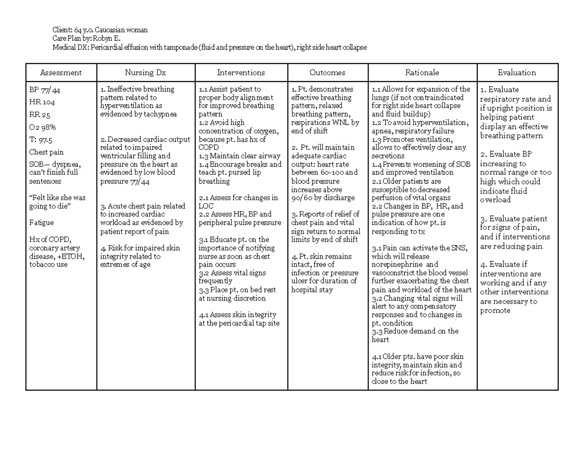 Care Plan Practice 2 - Client: 64 y. Caucasian woman Care Plan by ...