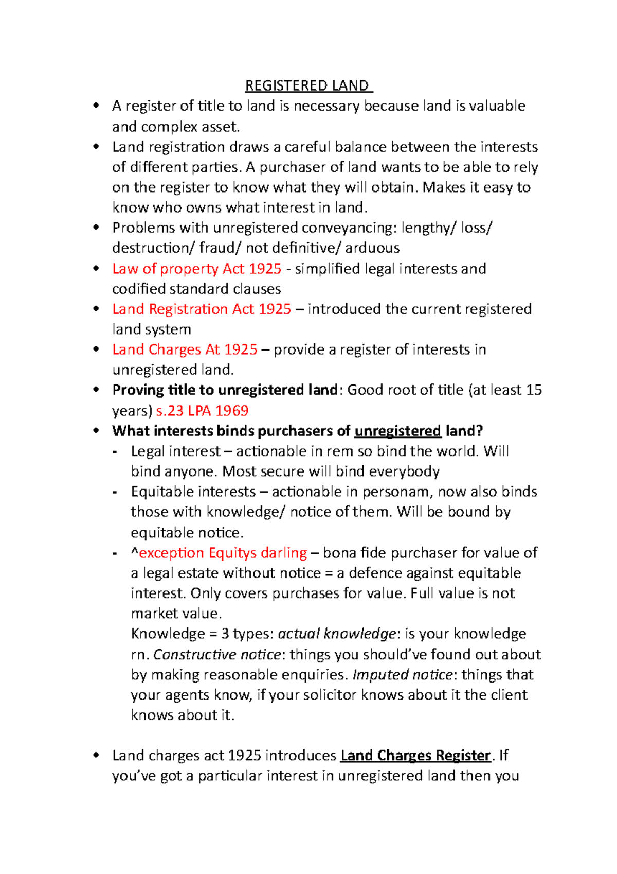 Registered LAND good notes REGISTERED LAND A register of title to