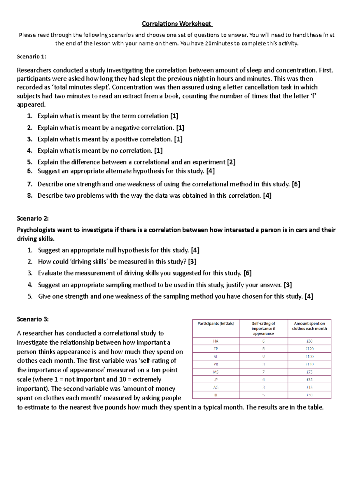 Correlations worksheet 2018 KLW - Correlations Worksheet Please read ...