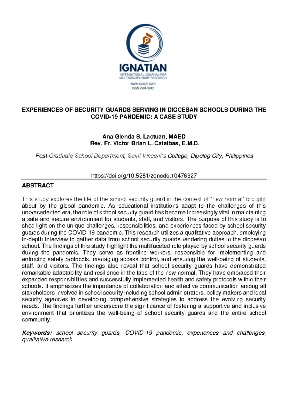 Experiences of security guards serving in diocesan schools during the ...