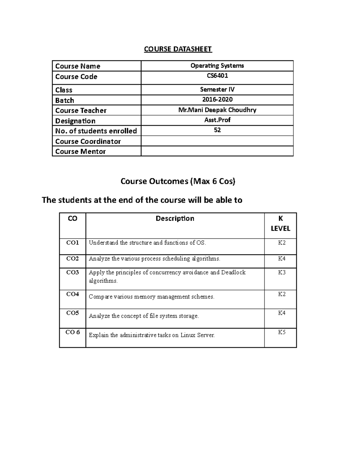 Course datasheet OS & OS LAB NBA FORMAT - COURSE DATASHEET Course Name ...