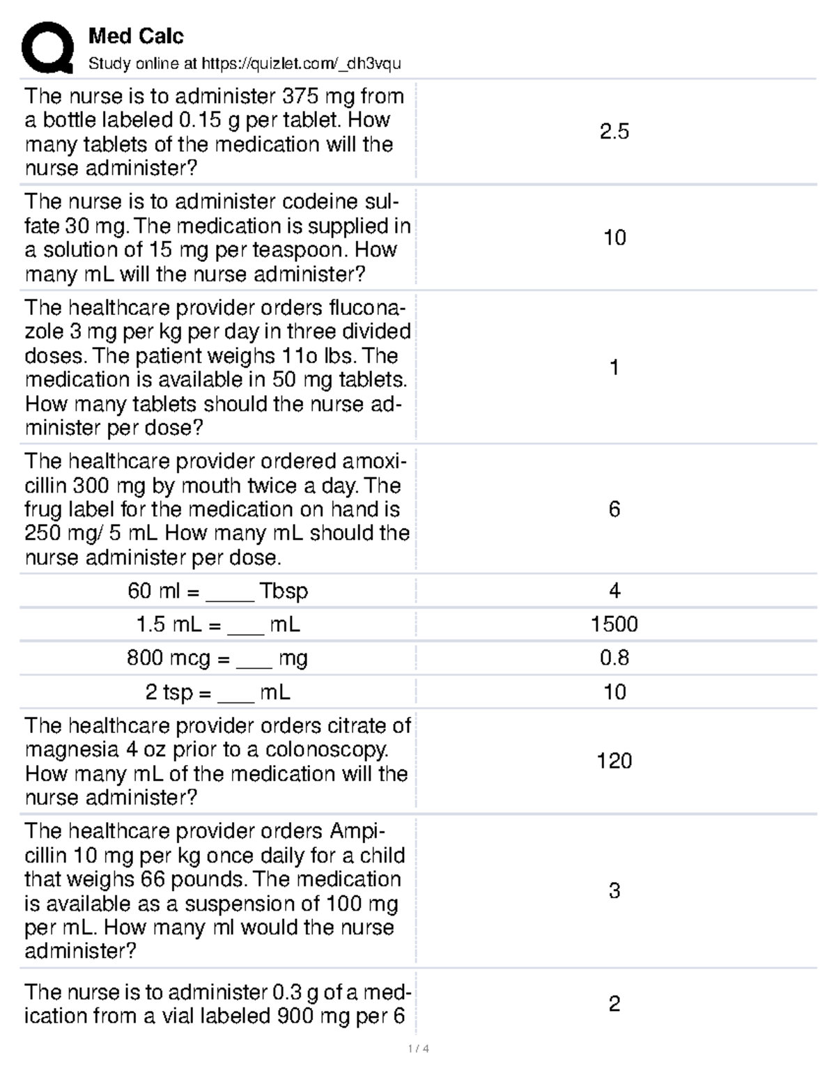 Dosage Exam1 - Med Math Exam 2 - Study Online At Quizlet/_dh3vqu The ...