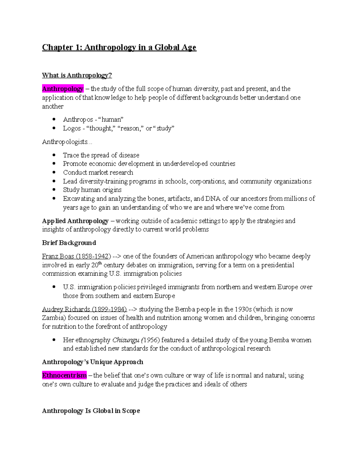 Chapter 1 Notes - Chapter 1: Anthropology in a Global Age What is ...