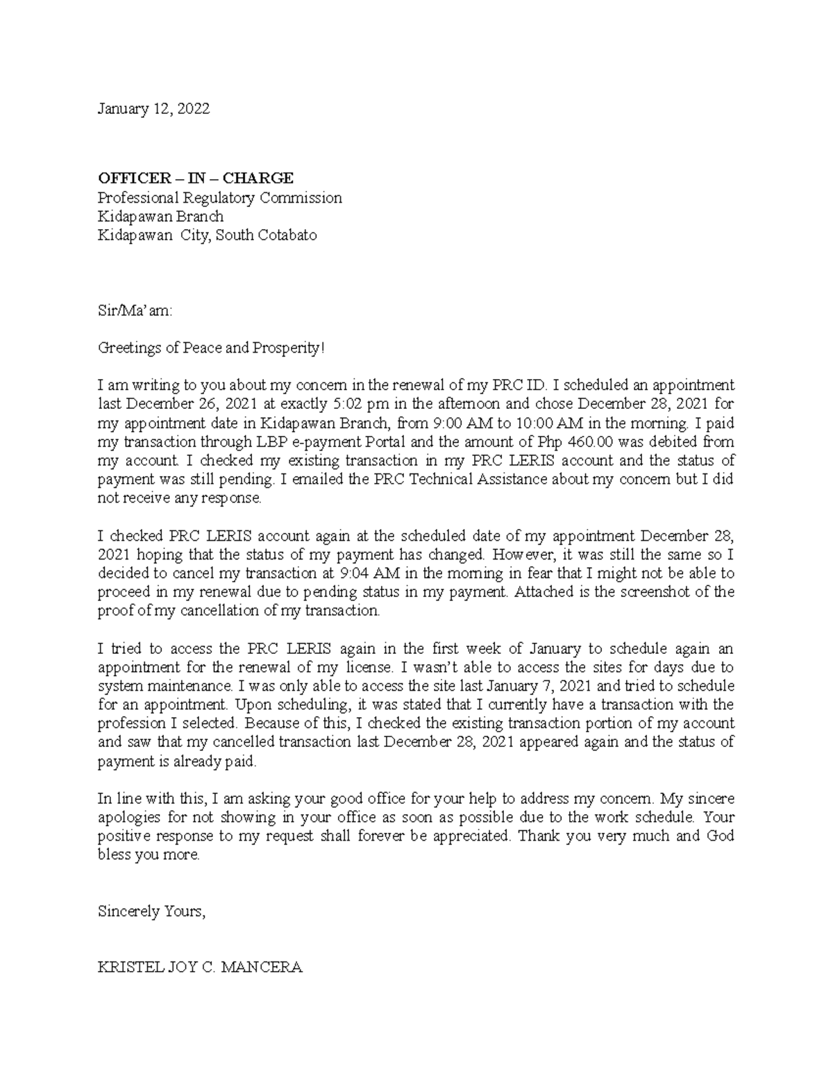 Prc letter - January 12, 2022 OFFICER – IN – CHARGE Professional ...