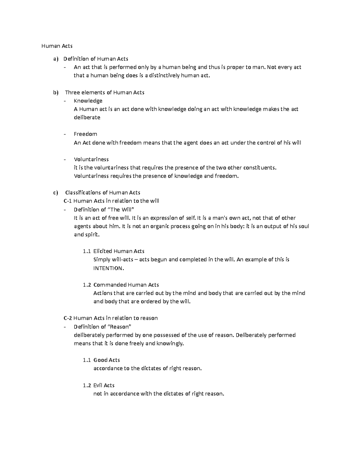 Human Acts - Personal Notes for ethics class - Human Acts a) Definition ...