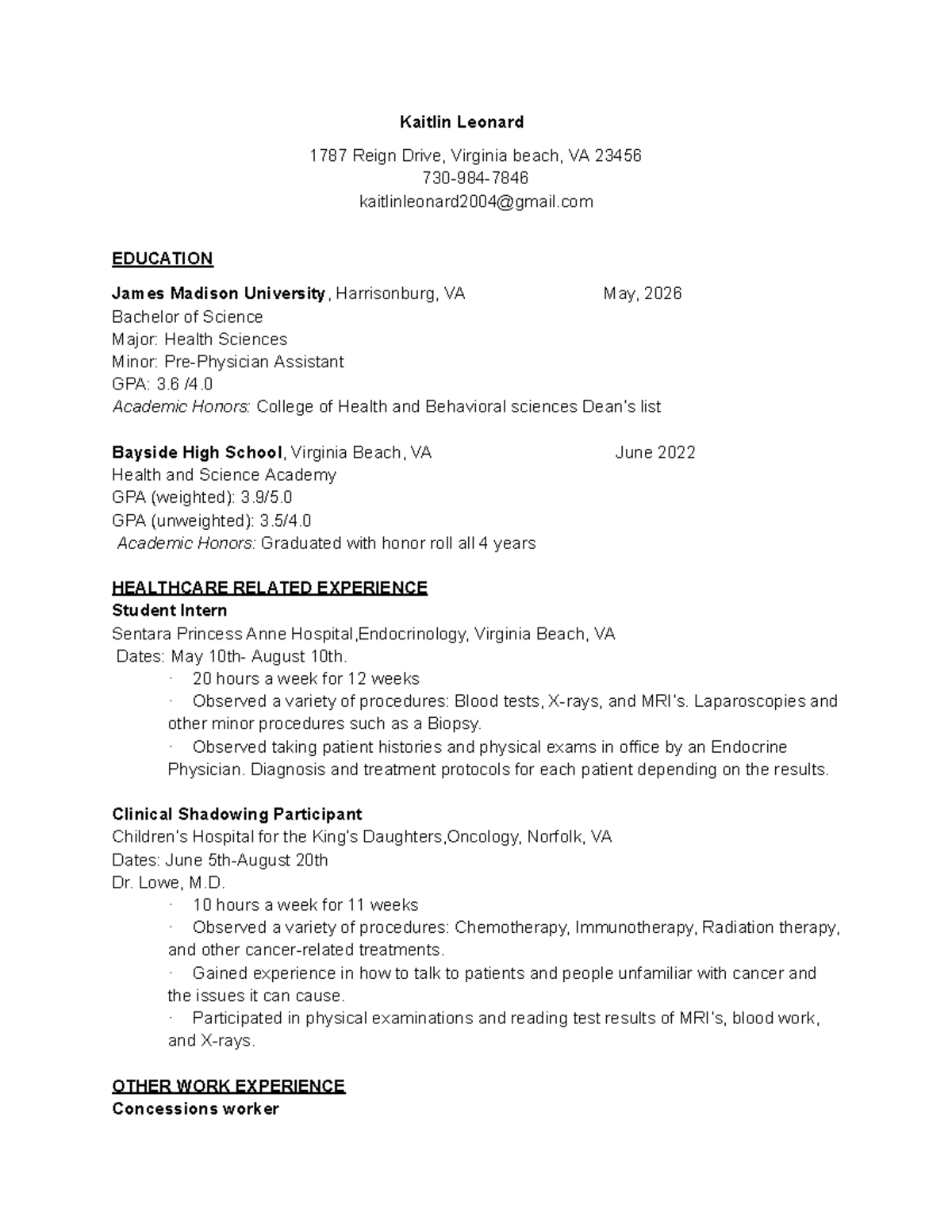 Resume assignment - Kaitlin Leonard 1787 Reign Drive, Virginia beach ...