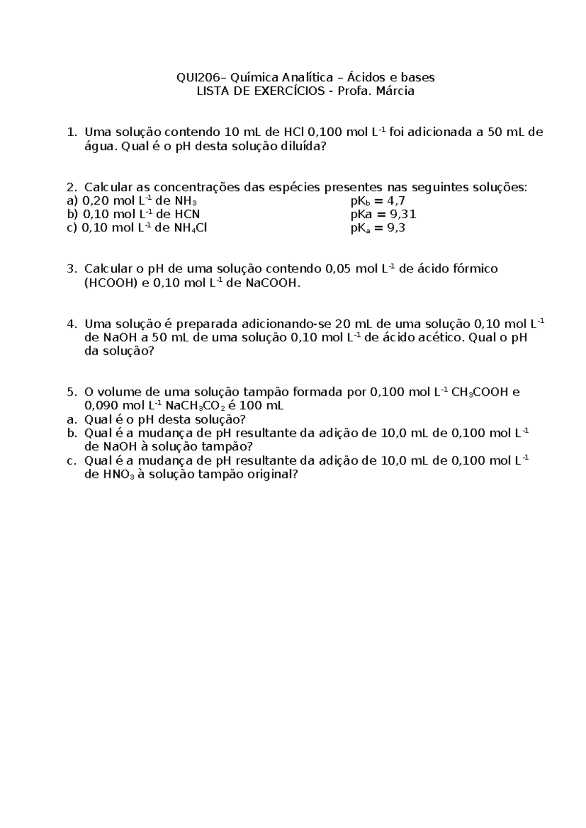 Lista Cido Base Qui206 Química Analítica Ácidos E Bases Lista De