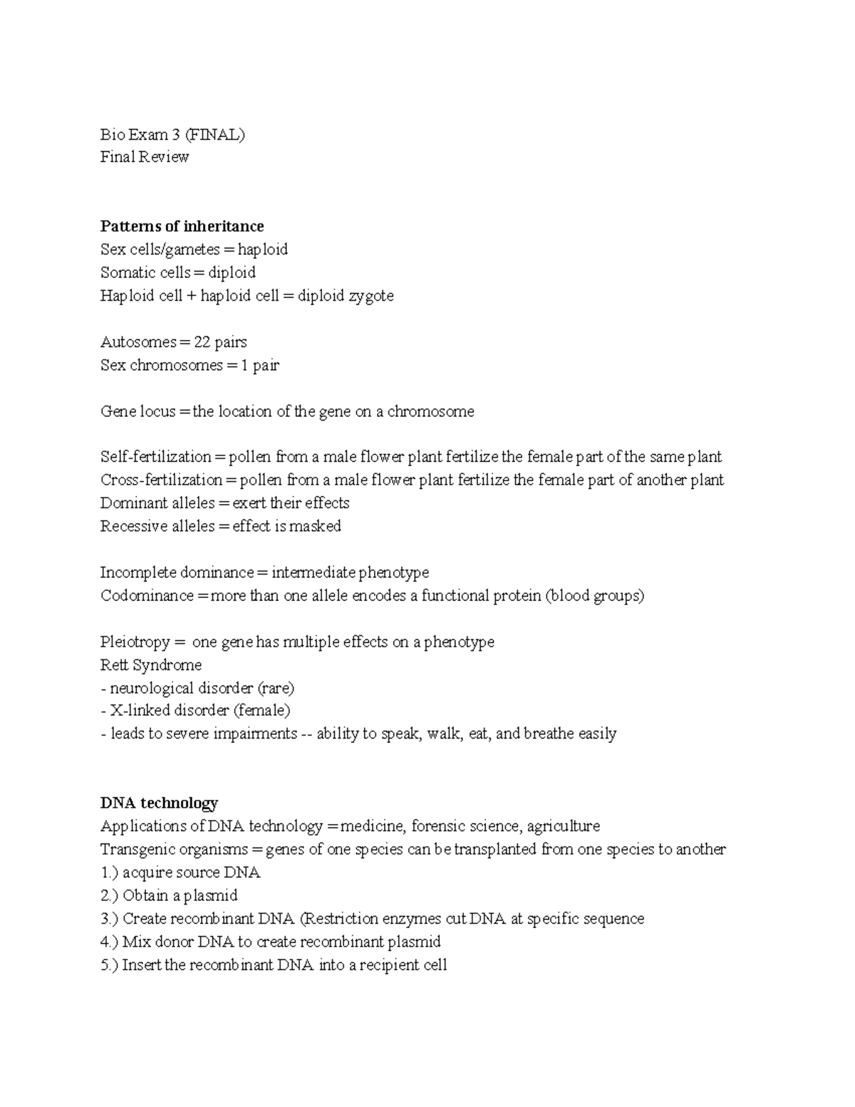 Bio final exam - Lecture notes Cumulative - Bio Exam 3 (FINAL) Final ...