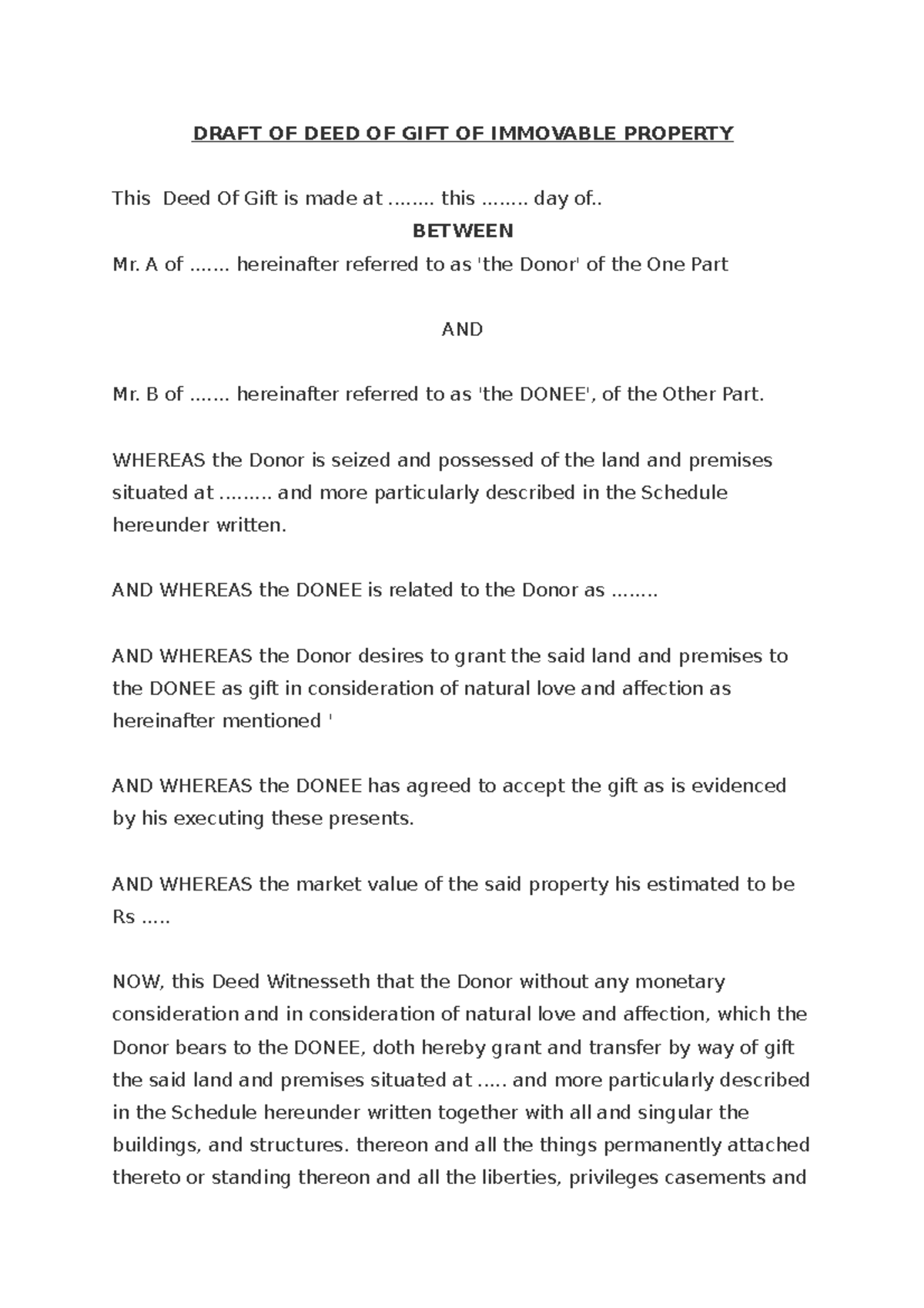 Draft OF DEED OF GIFT OF Immovable Property - DRAFT OF DEED OF GIFT OF ...