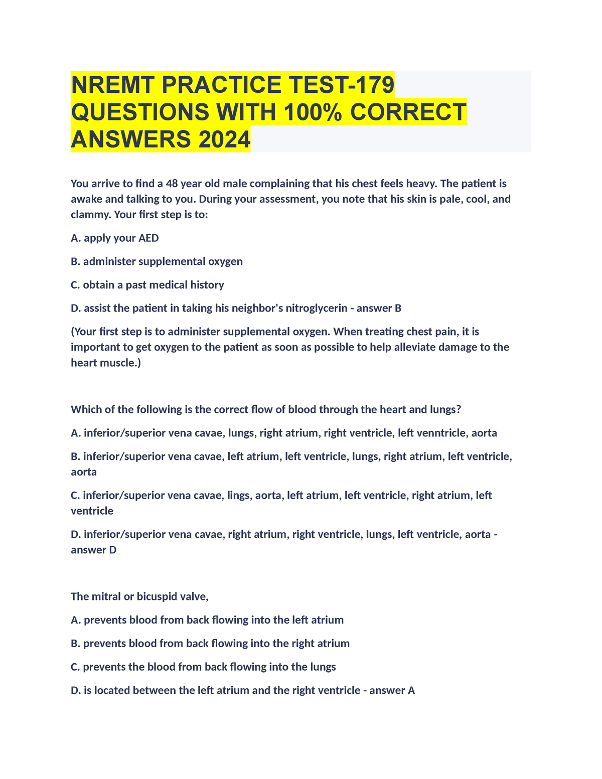 NREMT Practice TEST179 Questions WITH 100 Correct Answers 2024