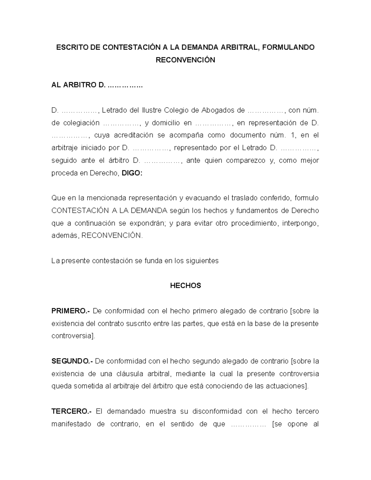Modelo DE Contestacion DE Demanda Arbitral - ESCRITO DE CONTESTACIÓN A ...