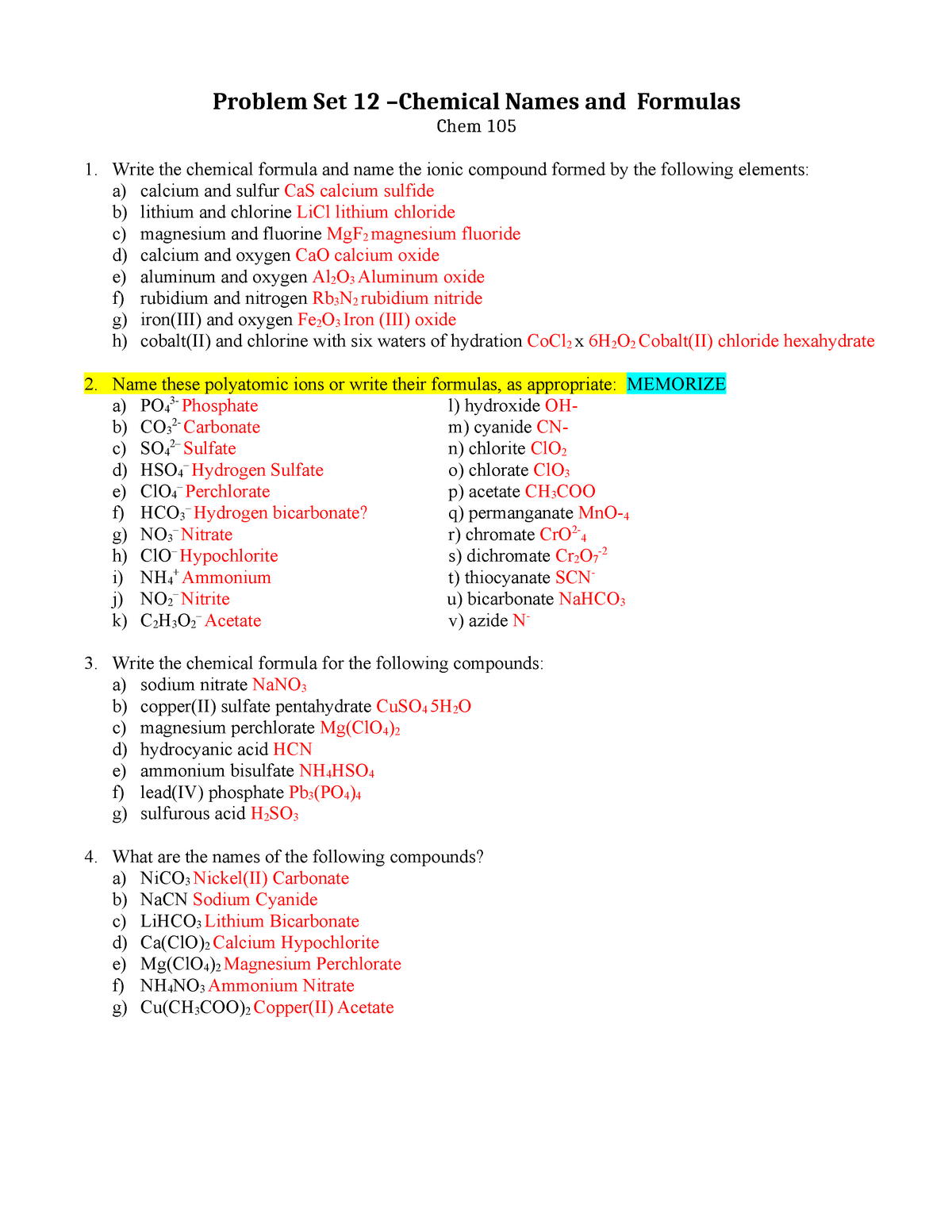 CHEM 105 Problem Set 12 - Problem Set 12 –Chemical Names and Formulas Chem  105 Write the chemical - StuDocu