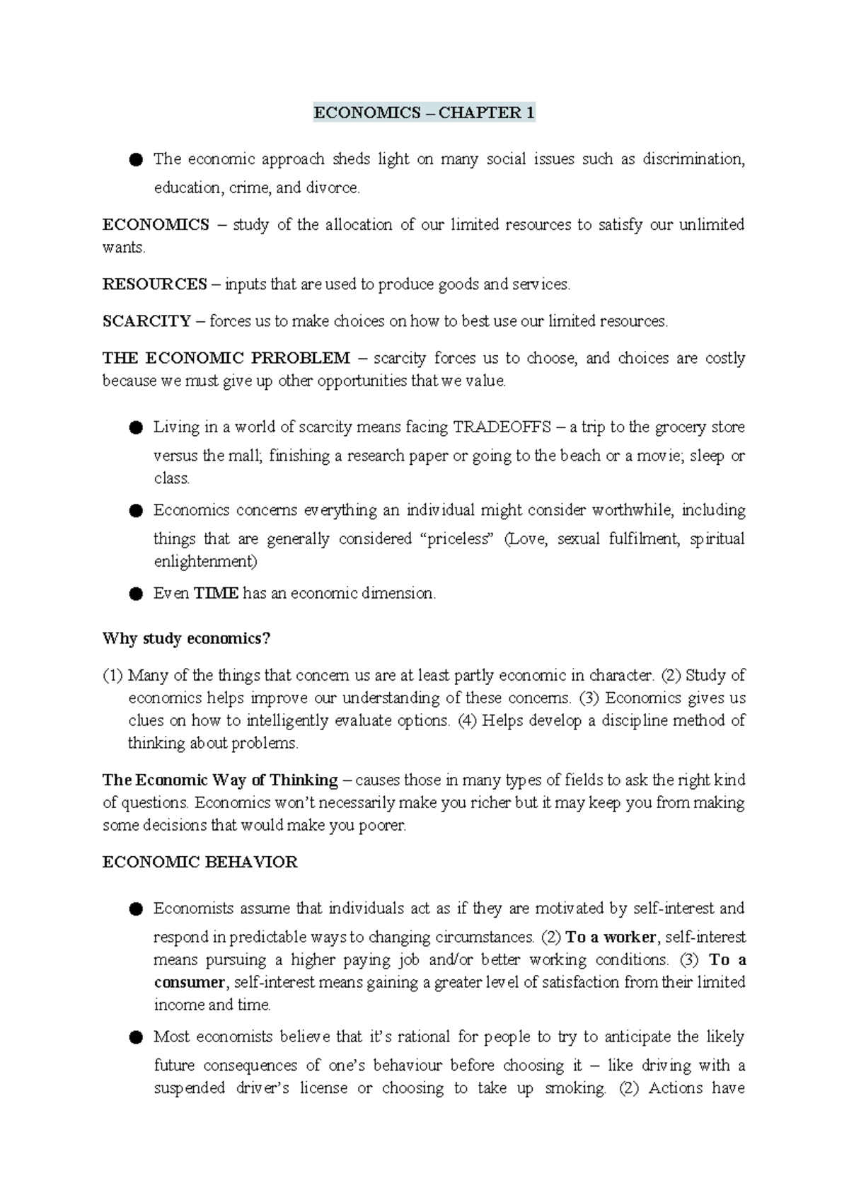Economics notes - ECONOMICS – CHAPTER 1 The economic approach sheds ...