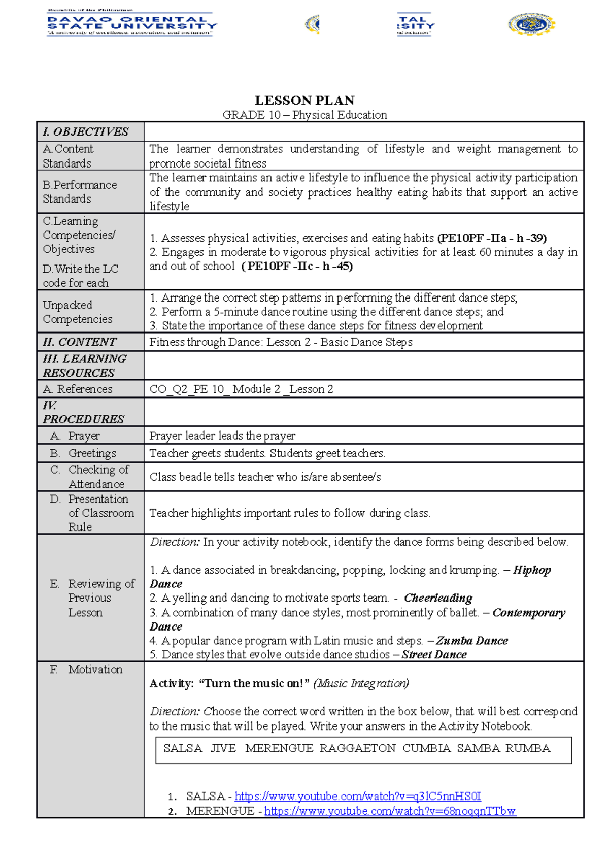 Fs Lp 2 Lesson Plan Lesson Plan Grade 10 Physical Education I Objectives A Standards The 4882