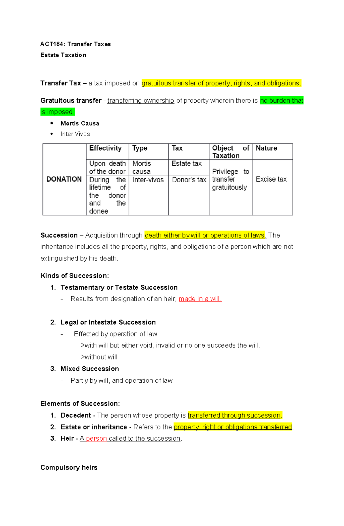 Estate-taxation - ACT184: Transfer Taxes Estate Taxation Transfer Tax ...