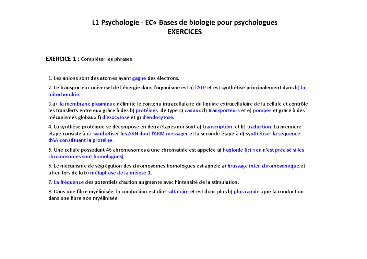 Exercices corrigés en base biologique - L1 Psychologie - EC« Bases de