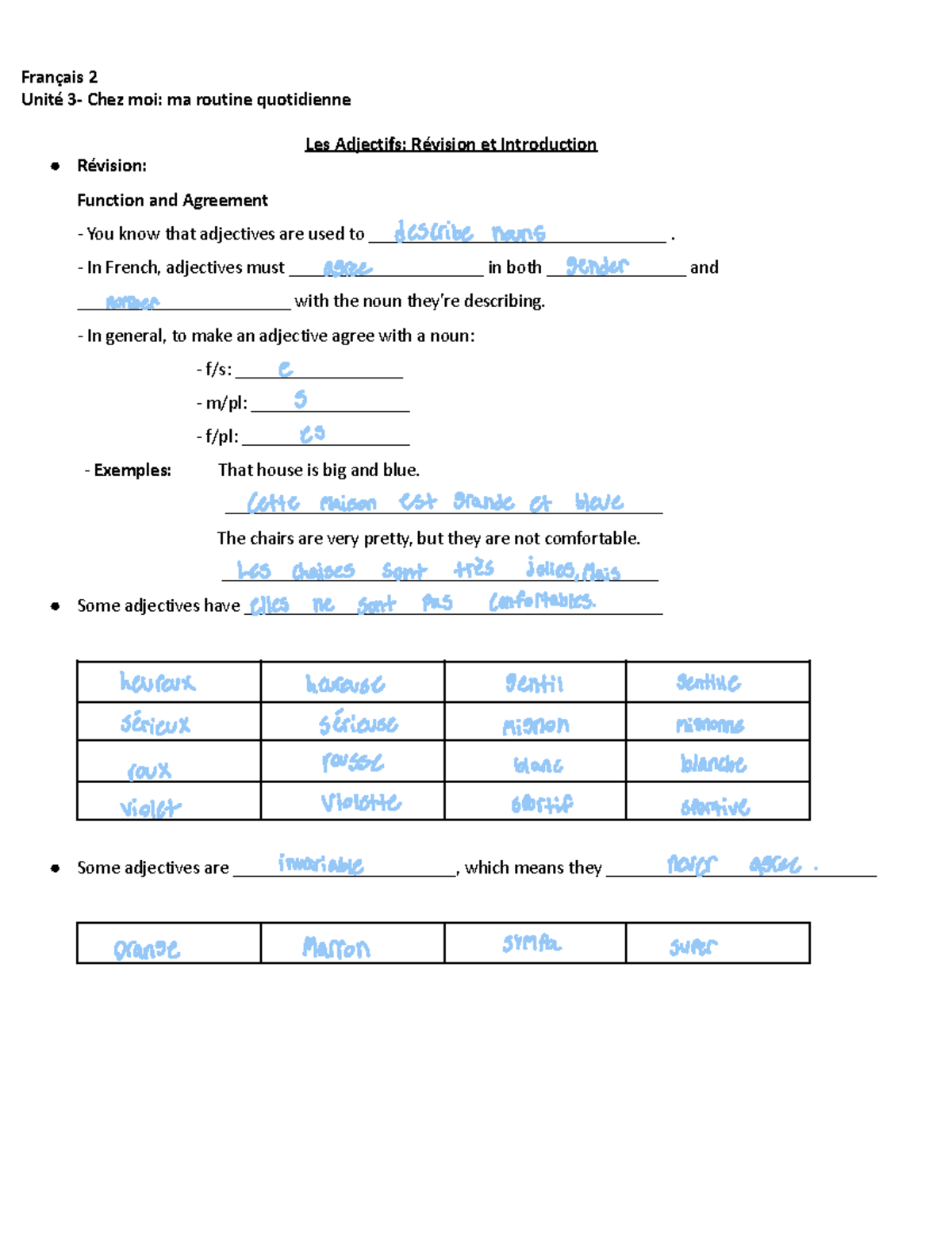 Notes +BAGS Boo Français 2 Unité 3 Chez moi ma routine