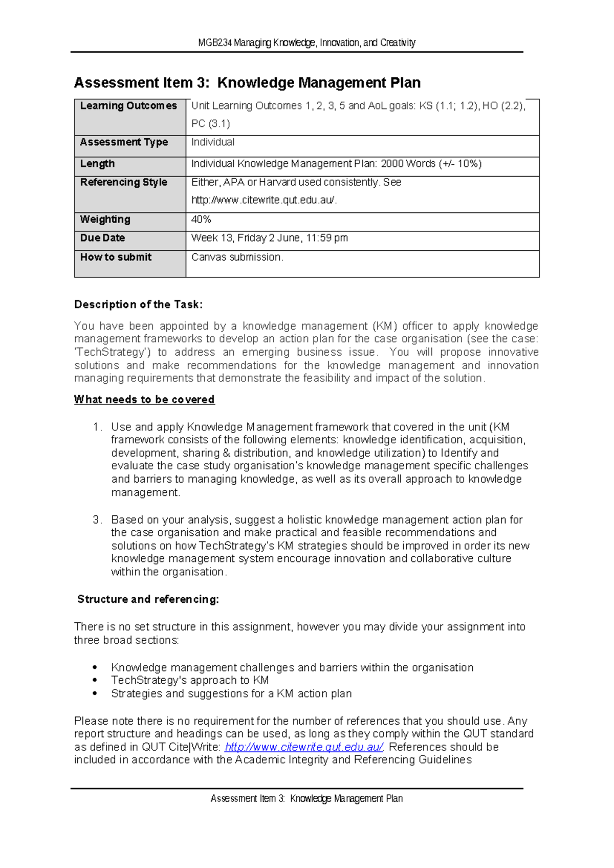 MGB234 Plan Assessment Instructions - MGB234 Managing Knowledge ...