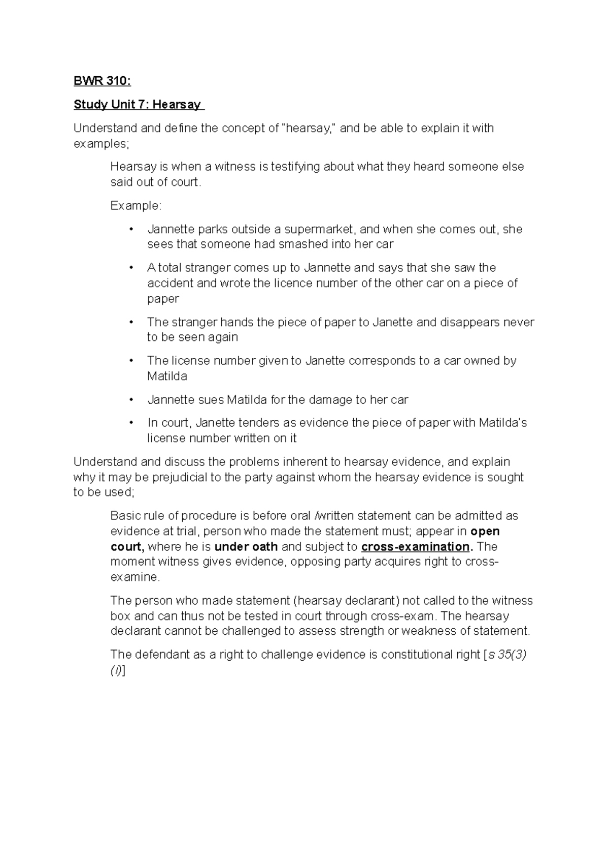 Study unit 7 - Summaries for law of evidence - BWR 310: Study Unit 7 ...