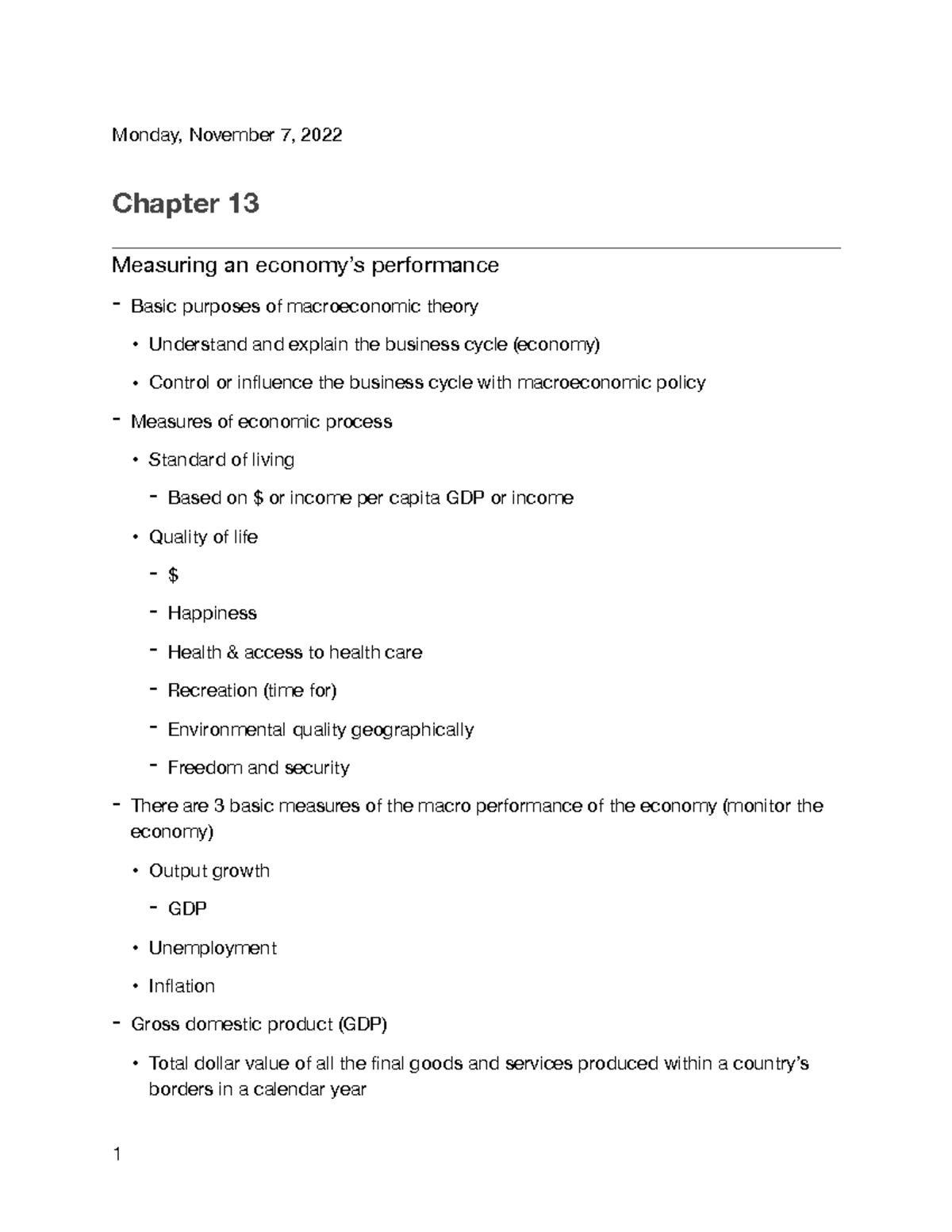 Economics Chapter 13 - Monday, November 7, 2022 Chapter 13 Measuring An ...