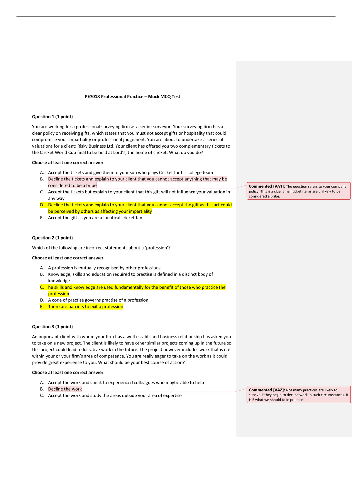 MCQ Test 2020 Answers Feedback - PE7018 Professional Practice – Mock ...