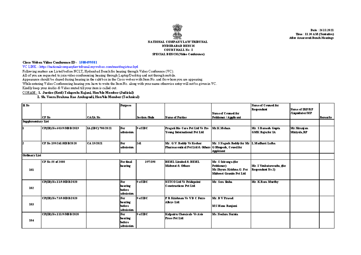 CAuse List 26.11.2021 CH1 Sl No CP No CA/IA No. Purpose Section /Rule