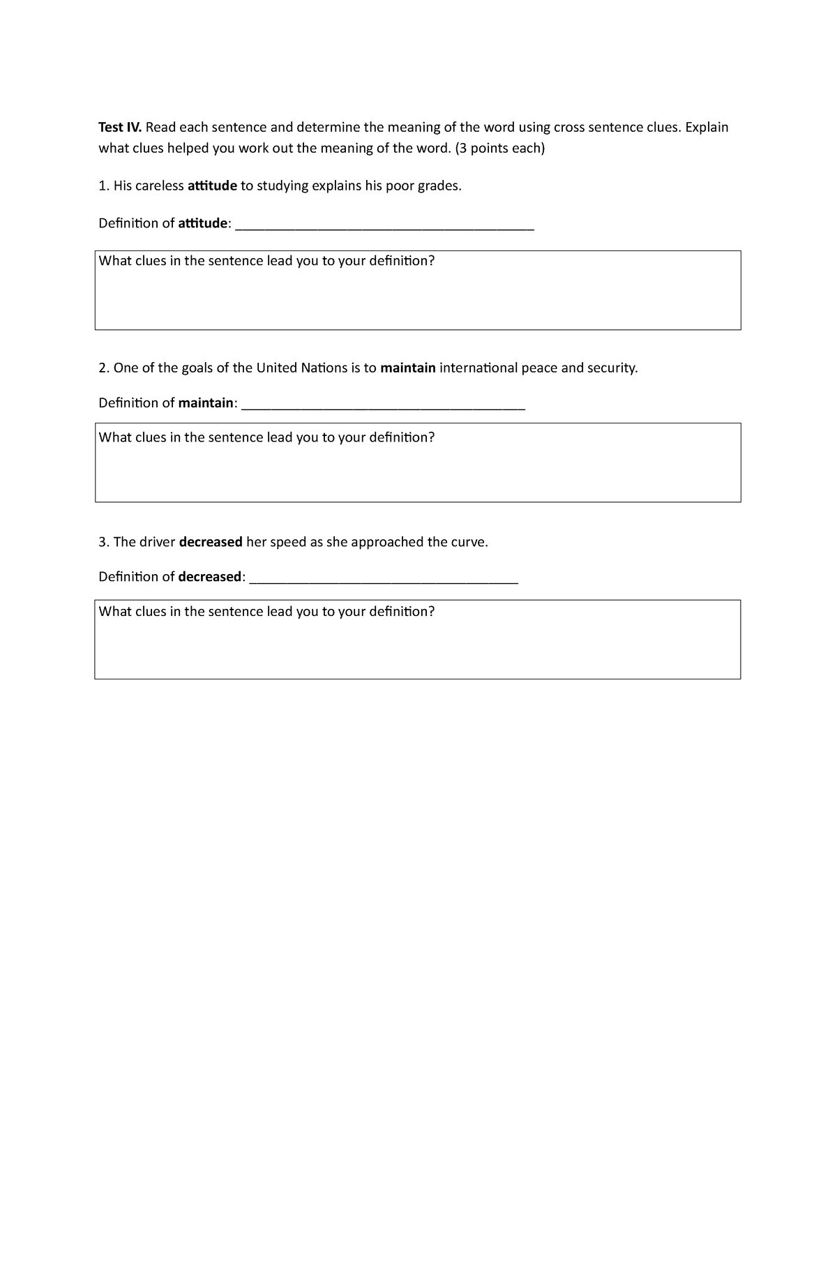 JHS8 - Lesson - Test IV. Read each sentence and determine the meaning ...