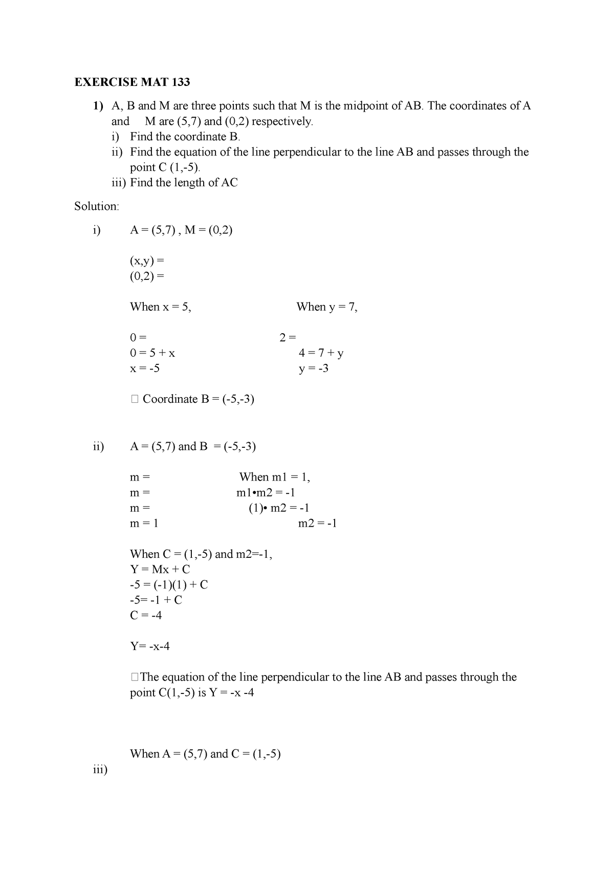 Exercise MAT 133 - EXERCISE MAT 133 A, B And M Are Three Points Such ...