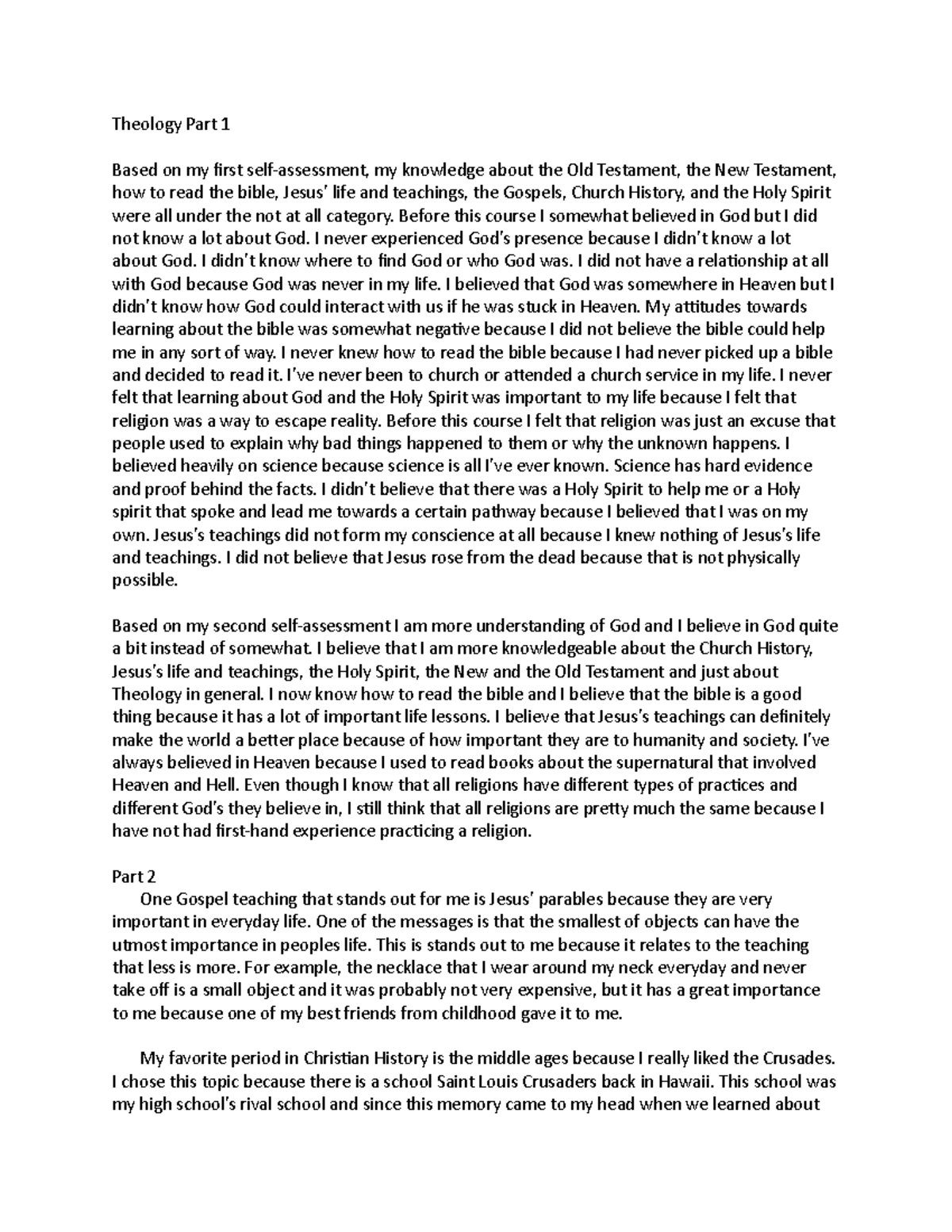 Final Exam - Theology Part 1 Based on my first self-assessment, my ...