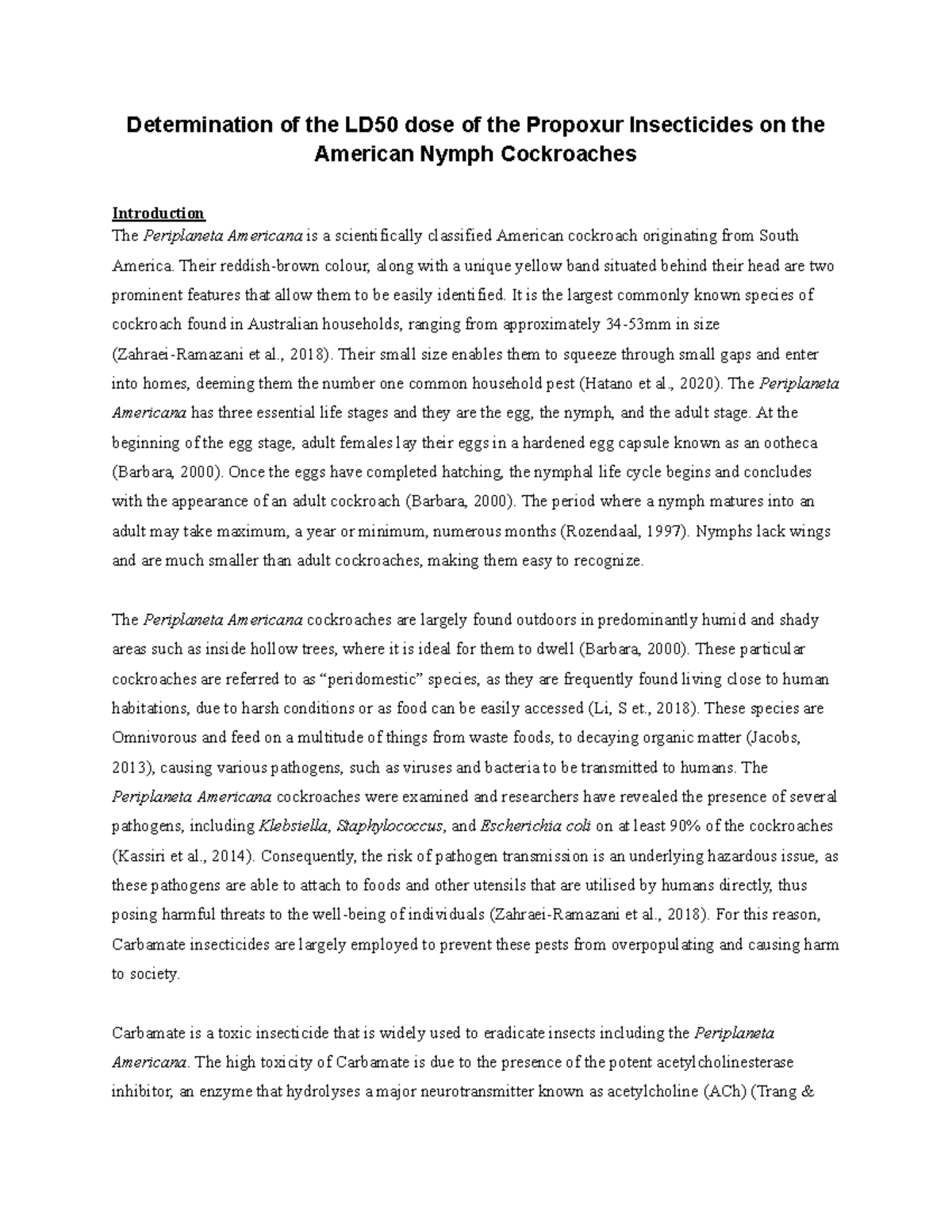 91707 Lab Report LD 50In Cockroaches (Distinction) - Determination of ...