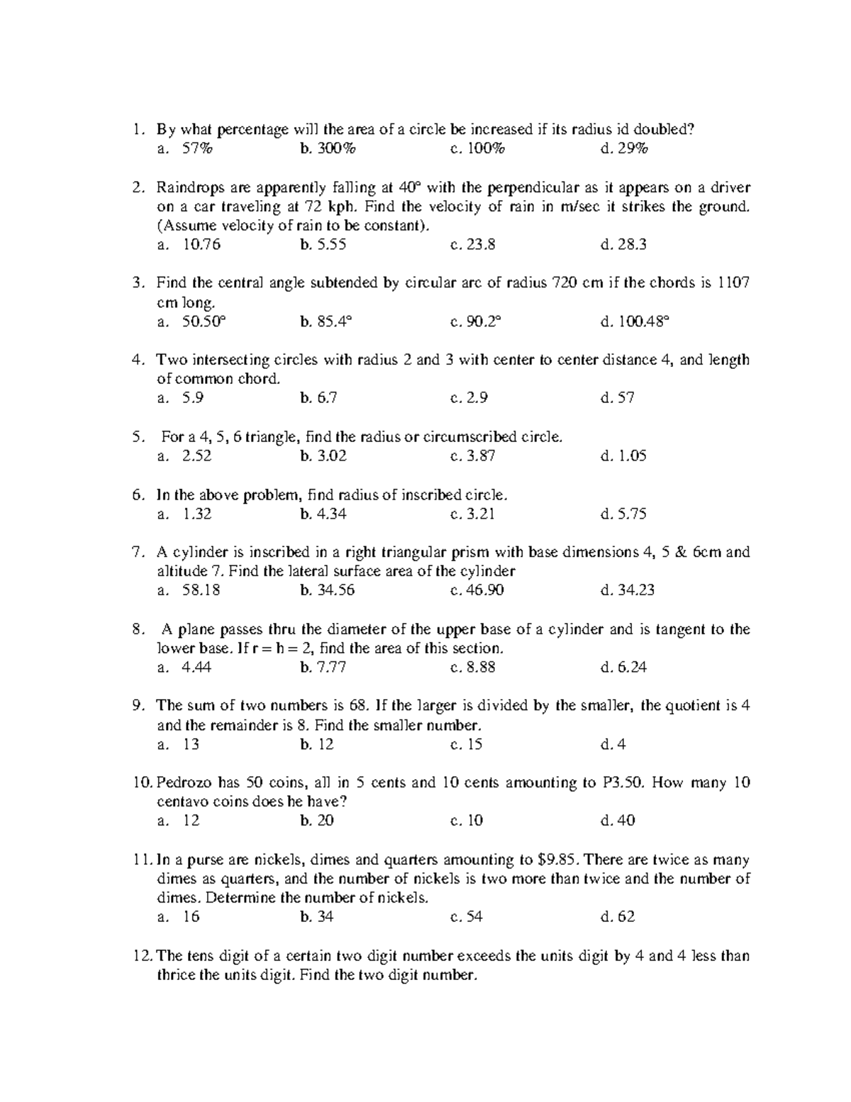 Math Practice Questions - By what percentage will the area of a circle ...