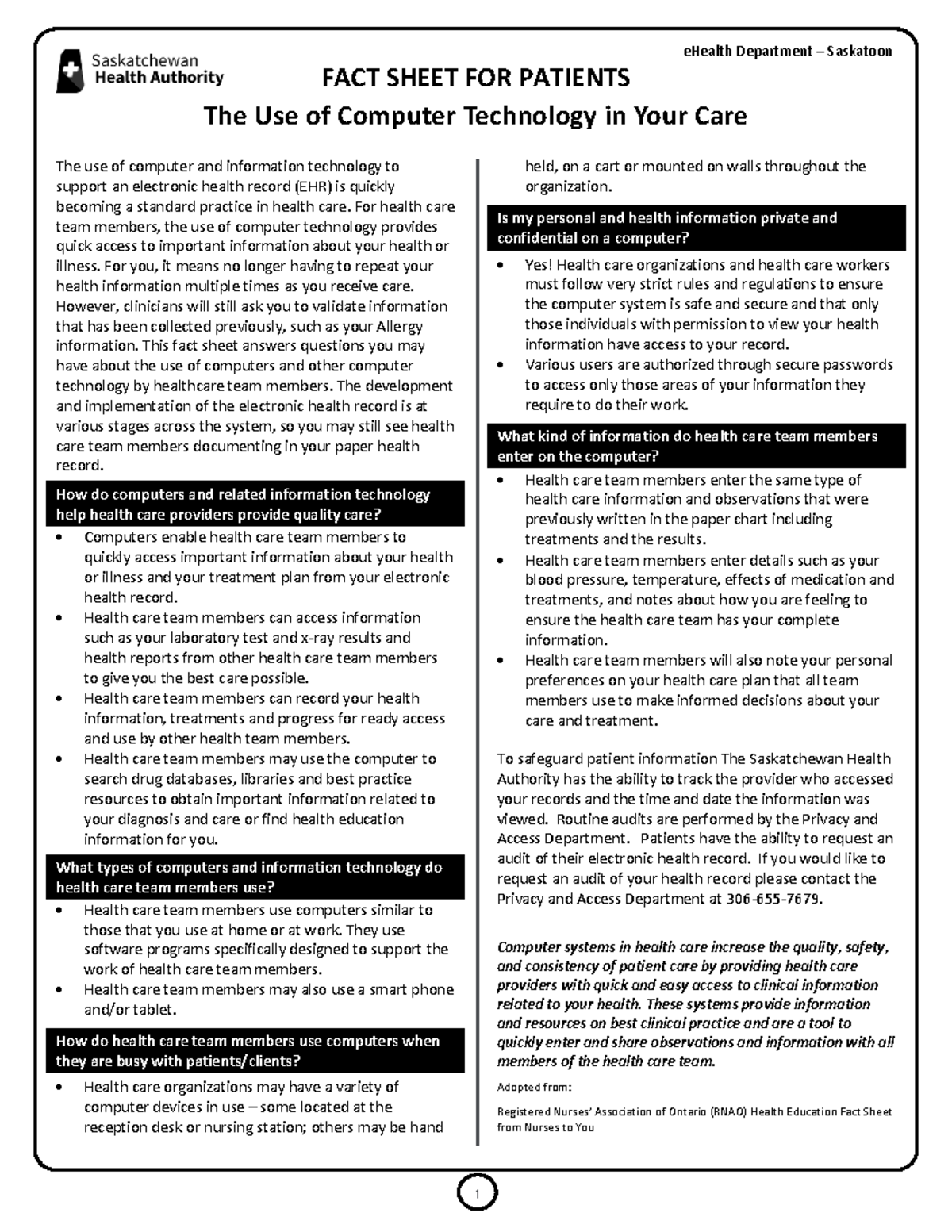 The use of Computer Technology in Your Care Factsheet - eHealth ...