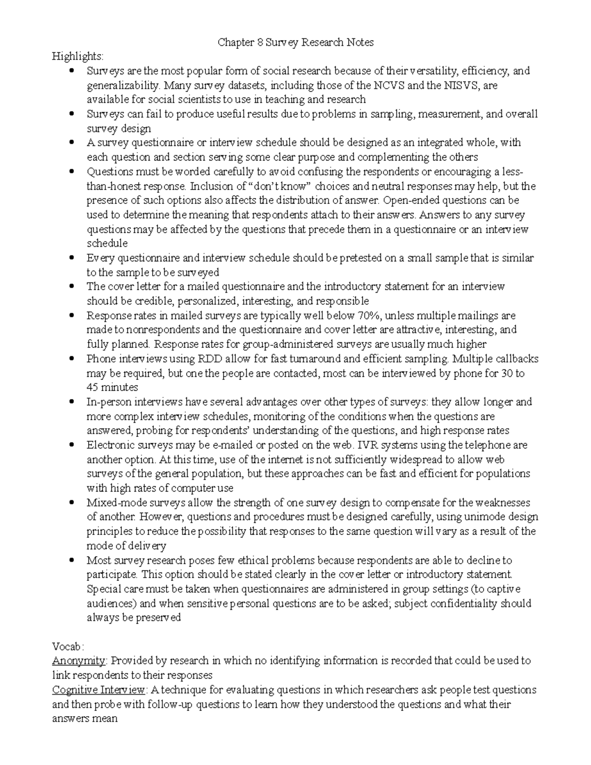 Chapter 8 Survey Research Notes - Chapter 8 Survey Research Notes ...