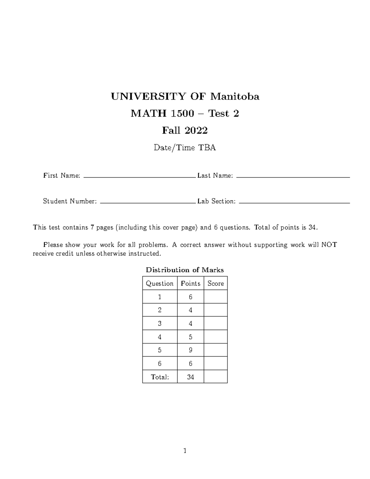 Math 1500 test sol 2 - Math test 2 - UNIVERSITY OF Manitoba MATH 1500 ...