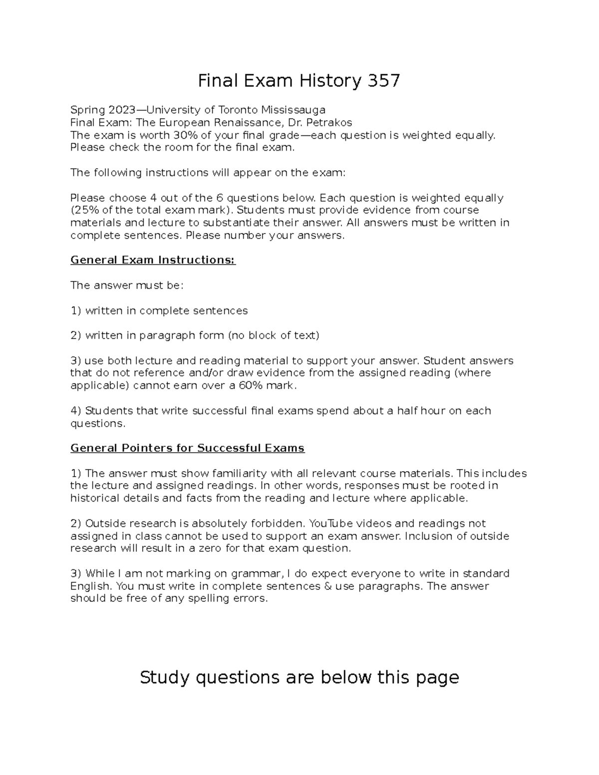 Final Exam SG History 357 2023 - Final Exam History 357 Spring 2023 ...