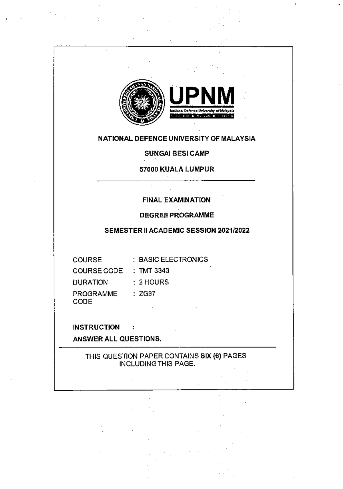 Exam Question 2021 - past exam - UPNM National Defence University of ...