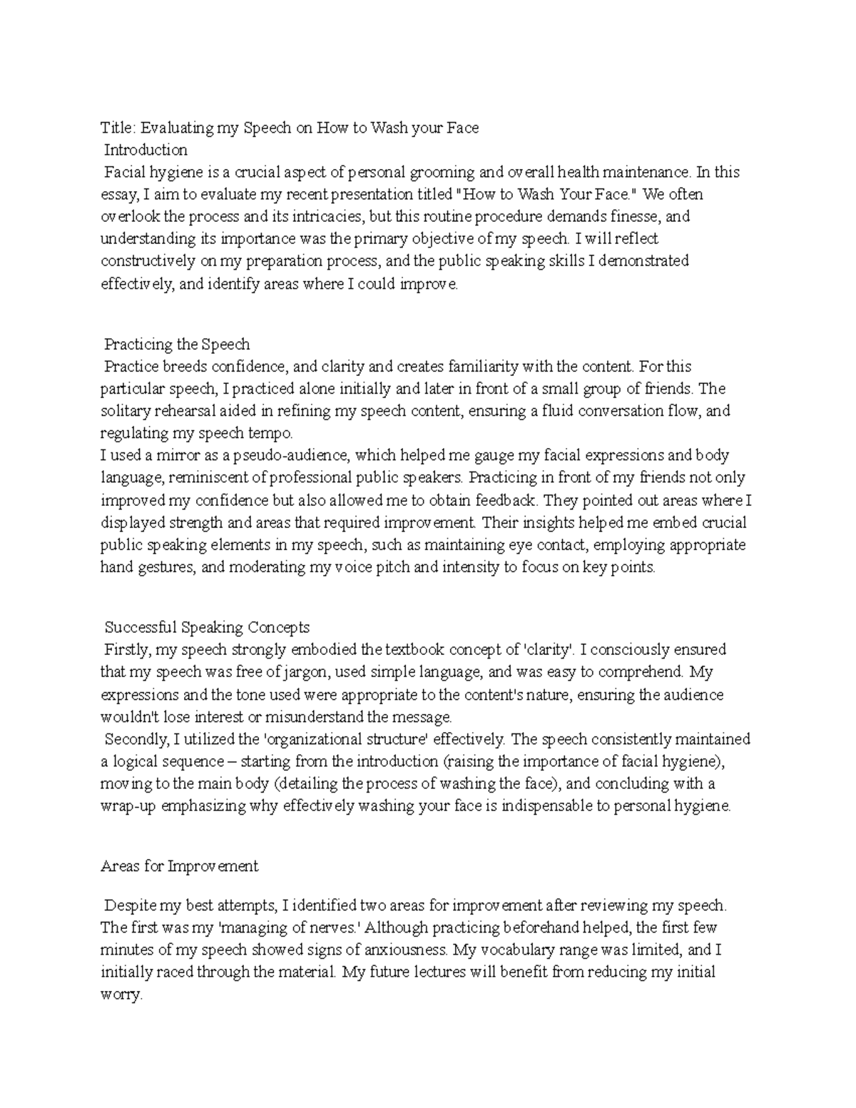 Demonstration Speech Reflection Title Evaluating my Speech on How to