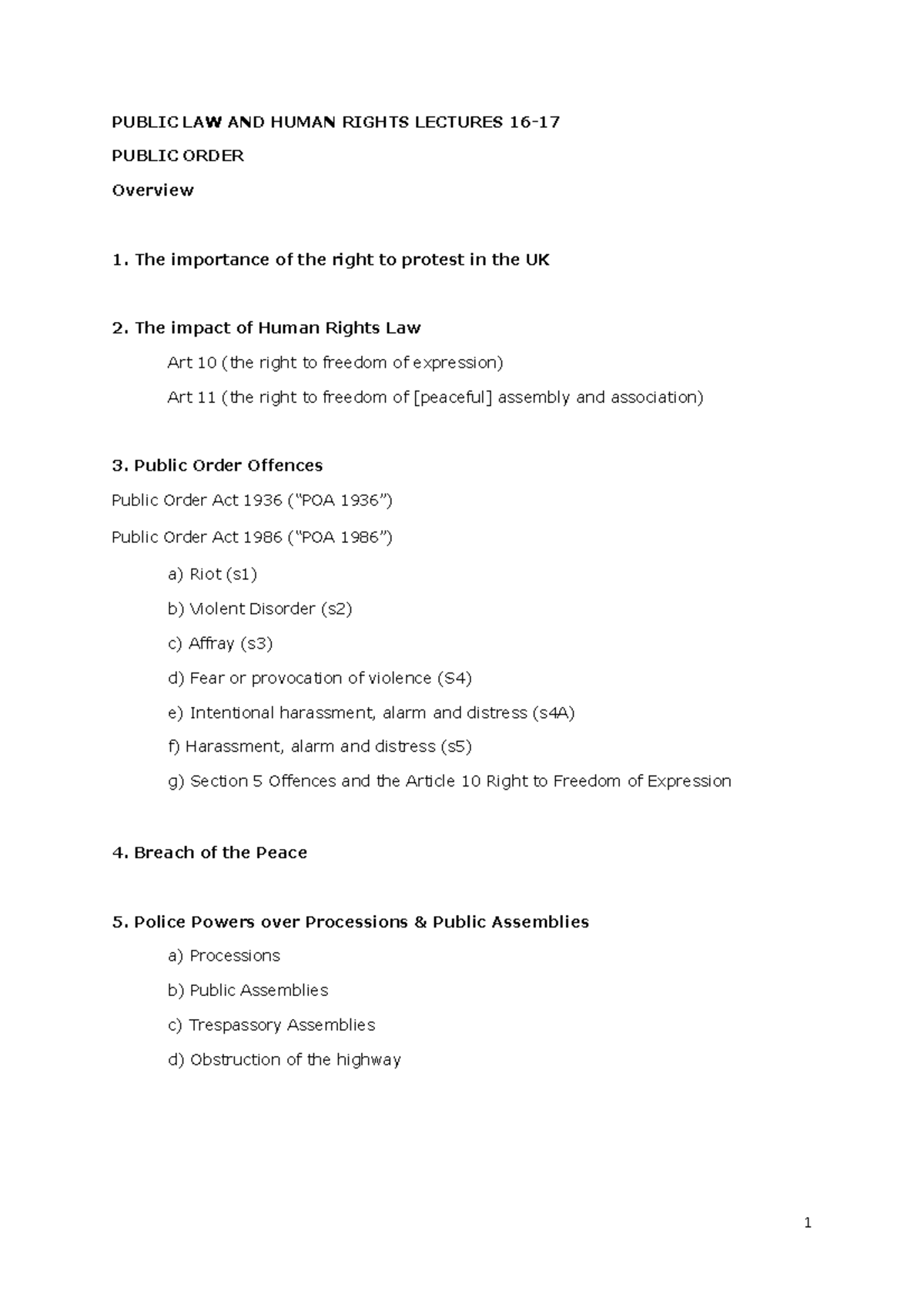 PUBLIC ORDER Lecture Notes PUBLIC LAW AND HUMAN RIGHTS LECTURES 16 