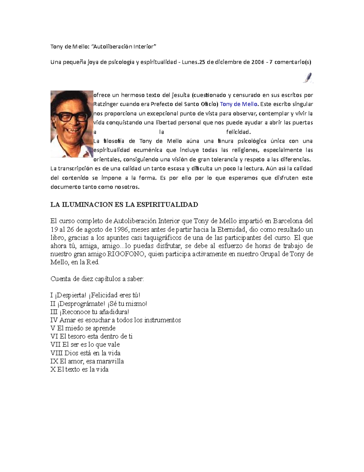 Arriba 54+ imagen autoliberacion interior anthony de mello resumen por capitulos